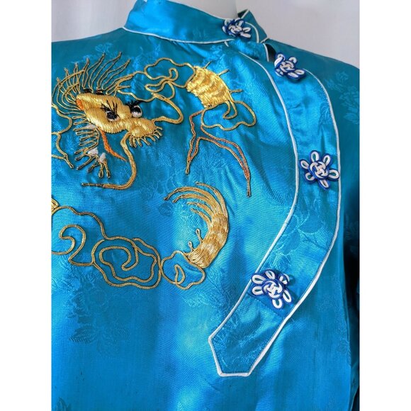 Vintage Traditional Chinese Pajama Set Laungewear Satin Turquoise Embroidery L - Picture 4 of 10